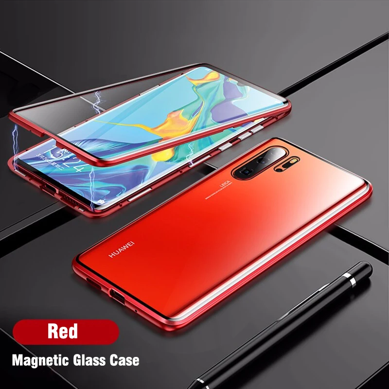 Red Double Glass Магнитный абсорбционный металлический флип-чехол для huawei P30 P30Pro P30Lite, двухстороннее закаленное стекло для huawei P30 Pro, чехол - Цвет: Red Double Glass
