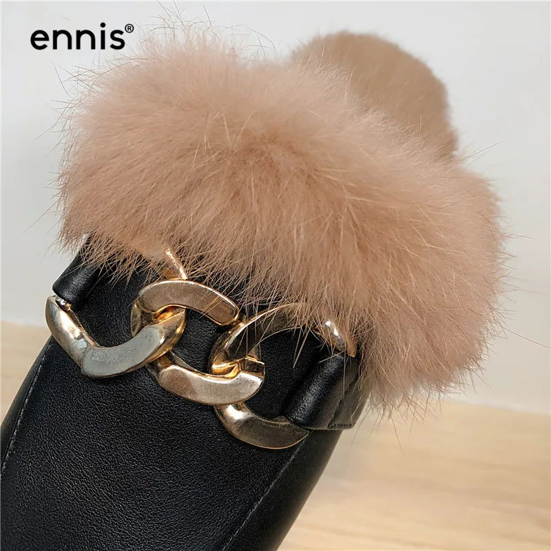 ENNIS/Брендовые женские шлепанцы из натуральной кожи; тапочки на низком каблуке с натуральным кроличьим мехом; модная металлическая цепочка; теплые плюшевые женские тапочки; M994