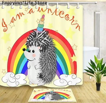 

Rainbow Cute Hedgehog Shower Curtain Rug Waterproof Fabric Shower Curtain Set Bathroom Mat Bath Decor Mat 12 Hooks