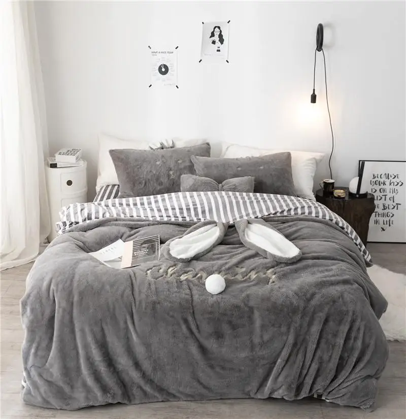 -Luxury Solid Color Fleece fabric Bedding Set Duvet Cover Sheet Pillowcase King Queen twin Size White Gray pink Bed Linen | Дом и сад