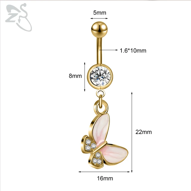 ZS 1 Piece Gold Color Stainless Steel Belly Ring Flower Heart CZ Crystal Navel Belly Button Rings Butterfly Navel Piercings 14G Style 14