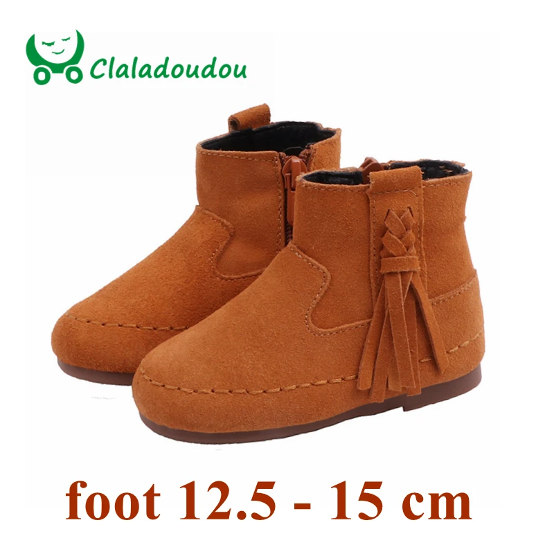 Claladoudou/13,5-15,5 см; брендовые ботинки из натуральной кожи для маленьких девочек; сезон осень-весна; модные повседневные ботинки с бахромой на молнии для детей 1-3 лет