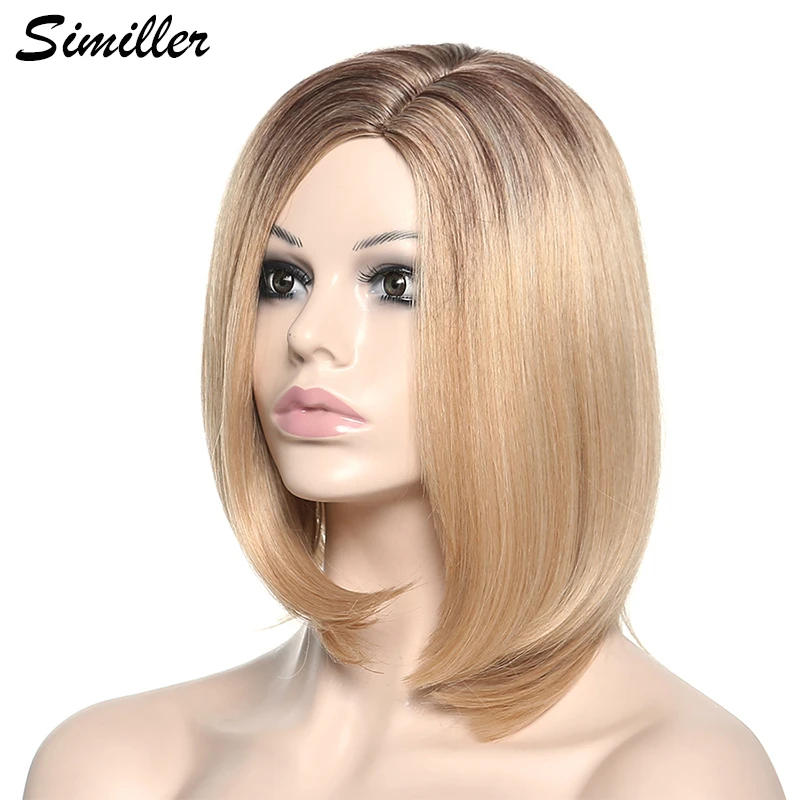 

Similler Europe America Women Straight Short Synthetic Wigs Highlights Black Root Gold Bob Wig Central Parting