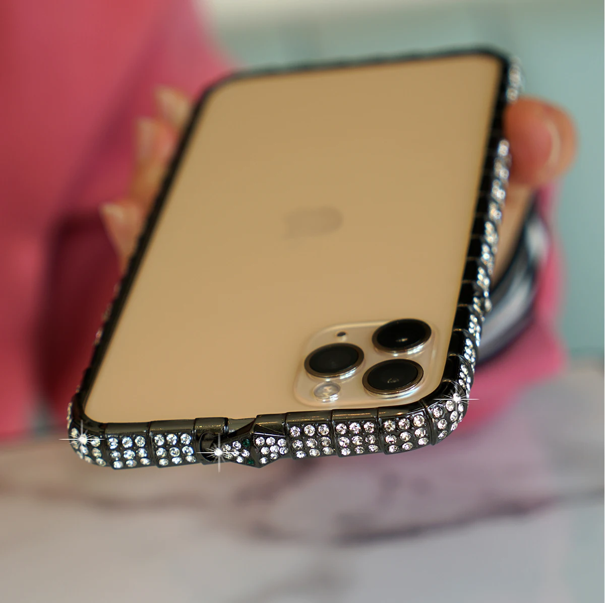 Для iPhone 11 Pro Max бампер Bling Diamond Чехол для iPhone 11 X XR XS 8 7 6 Plus чехол блестящая змея со стразами инкрустация металлической рамкой - Цвет: Черный