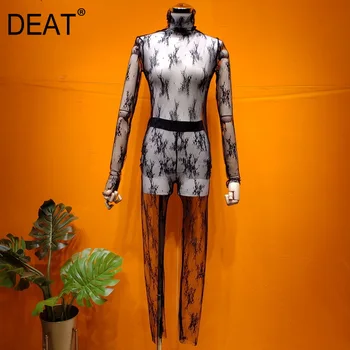 

DEAT Sexy & Club two pieces set for women 2020 fashion new black lase see through embroidery long sleeve pants set famale YJ910