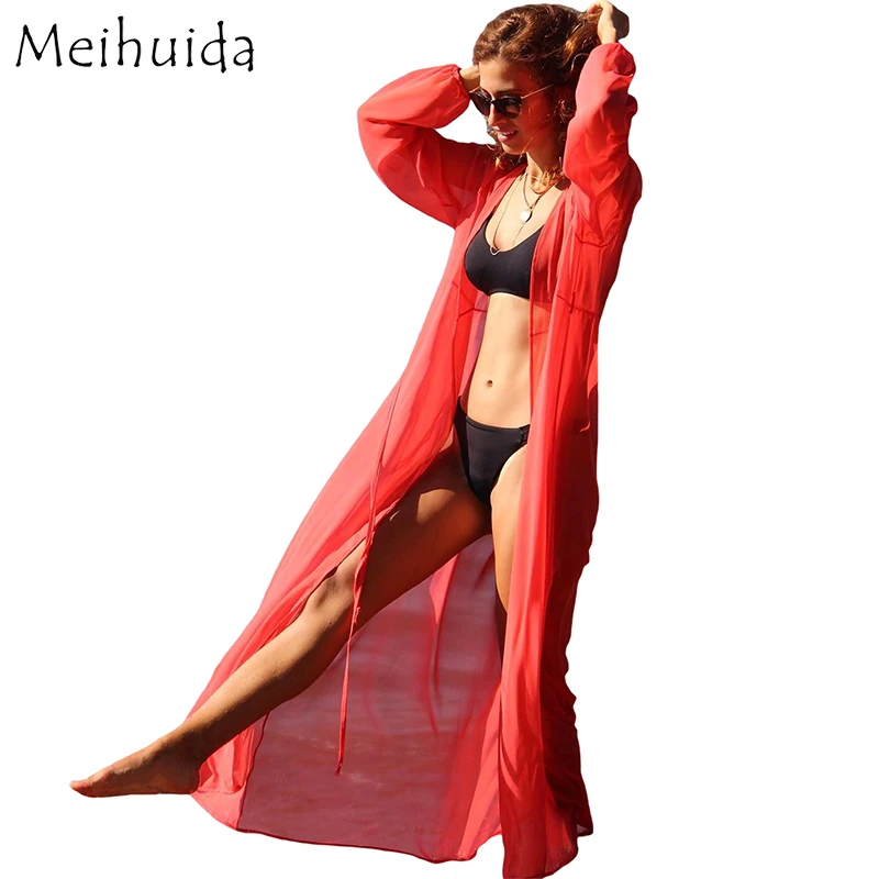 swim suit cover Summer Women Swimwear Cover Up Dress Robe Chiffon Swimsuit Long Sleeve Open Front Sheer Mesh Flowy Kimono Beachwear Seaside New bathing suit dress cover ups