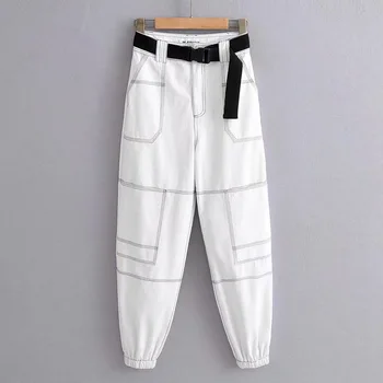 

Summer Reflective Cargo Pants Cotton Overalls Women Casual Harem Pants Hot White Sweatpants Ladies Wild Belt Capris Active Wear