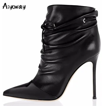 

Aiyoway New PU Leather Ladies Ankle Boots Pointed Toe Lace-Up Slouch For Women Plus Size Stiletto Heel Autumn Fall Shoes Black