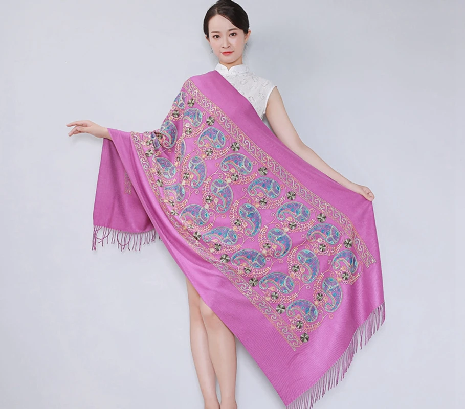 Новое поступление, женский шарф с цветочной вышивкой, обёрточная бумага, китайский этический стиль, уплотненный большой дорожный шарф, шаль, теплый и мягкий