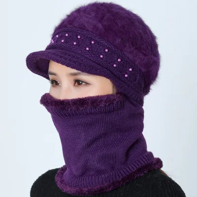 Зимние трикотажные изделия шарф женский Skullies вязаные шапочки зимние, шапки для женщин теплая маска Балаклава Толстая шерстяная Круглая Шапочка шляпа подарок матери - Цвет: Dark purple