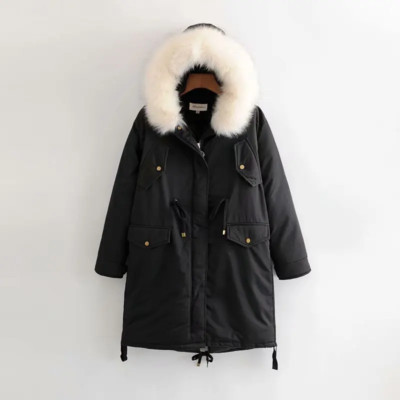 Зимнее пальто с искусственным мехом Куртка с воротником Для женщин тонкий длинное пальто одежда на Хлопчатобумажной Подкладке Куртки с капюшоном, женская верхняя одежда