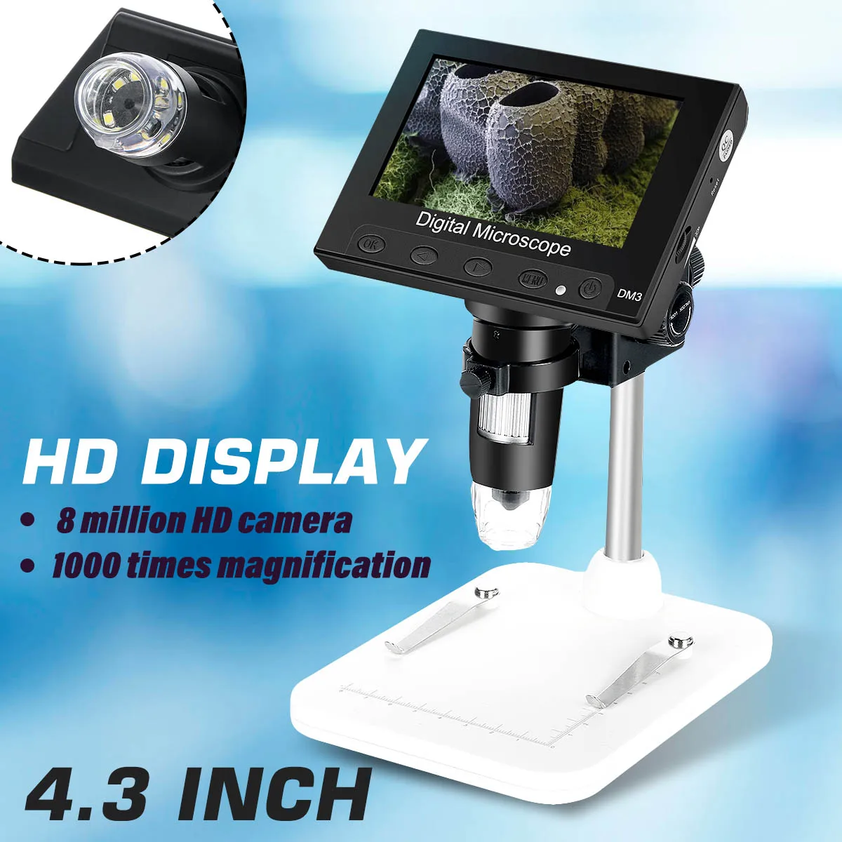 Aluminum Alloy Holder Nitrip DM4 2MP 500/1000X Digital Electronic Microscope 4.3 Display Magnifier with LED Light Aluminum Alloy Holder Nitrip DM4 2MP 500/1000X Digital Electronic Microscope 4.3 Display Magnifier with LED Light