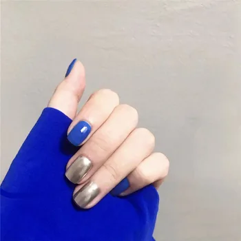 

24pcs Blue And Bright Silver Fake Nails press on Patch Jumping Color Square Wearable Finished Fingernail Patches Suitable Decor