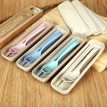 

Tableware Set Portable Wheat Straw Fork Cutlery Three-piece Tableware Set Spoon Chopsticks Fork with Box Picnic Tableware Set