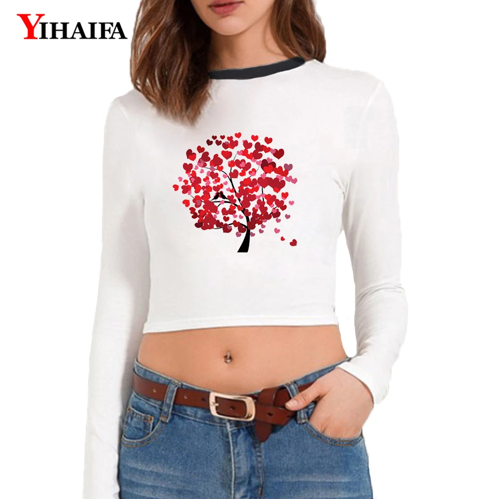 Женский укороченный топ YIHAIFA короткий с длинными рукавами принтом сердца и