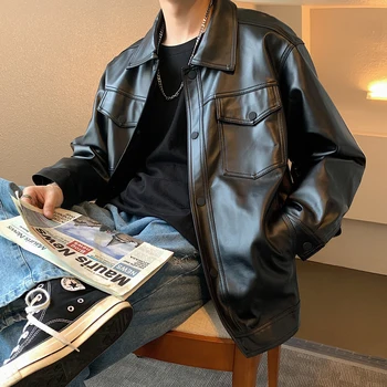 

Spring New Leather Jacket Men's Fashion Solid Color Casual Motorcycle Jacket Man Streetwear Wild Loose Hip Hop Bomber Jacket