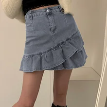 

Sexy Slim Denim Skirts Summer New Irregular Ruffle With Lining High Waist Women Skirt Casual Wild Slim Mini Skirts юбка женская