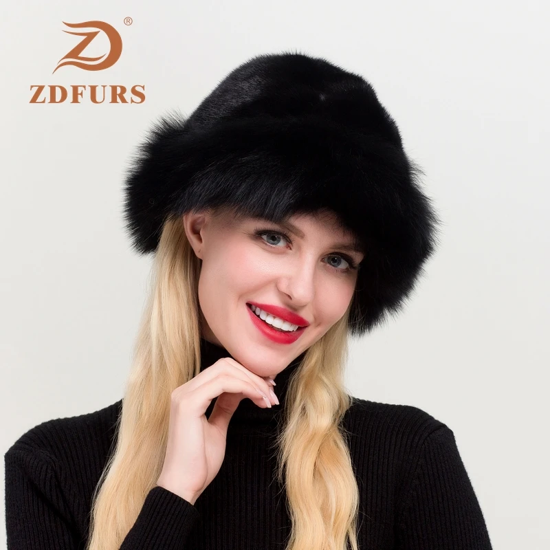 ZDFURS* Новое поступление Брендовая женская шапка из натурального меха норки бренд Fox fur Trim натуральная норковая шапка вся кожа зимняя русская Снежная фетровая шапка