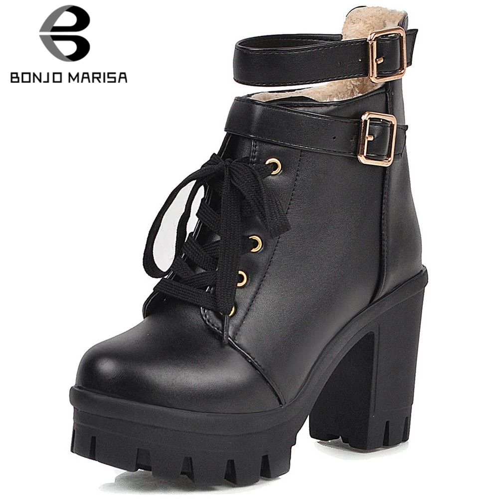 

BONJOMARISA Big Size 33-43 High Platform Ankle Boots Women 2019 Fashion Buckle Booties Ladies Chunky High Heels Shoes Woman
