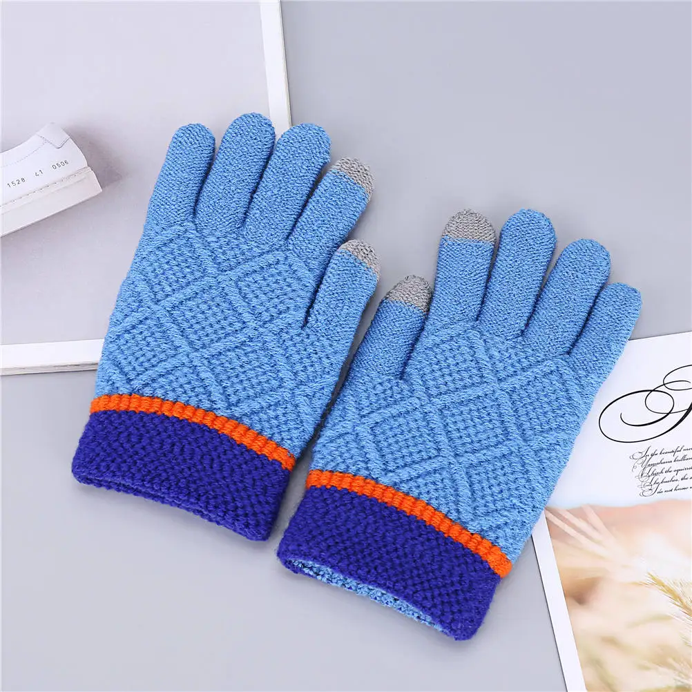 1 пара, От 8 до 14 лет, мужские/мальчики, Зимние перчатки для сенсорного экрана, вязаные крючком, теплые мягкие митенки, одноцветные, плотные, Guantes - Цвет: Blue Gloves