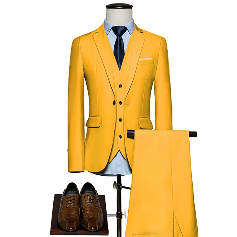 Мужские комплект из 3 предметов с блейзером одежда; брюки; жилет; спортивная куртка социальный костюм модные однотонные Цвет Бизнес мужской костюм комплект Повседневное Формальные M-5XL 6XL - Цвет: yellow