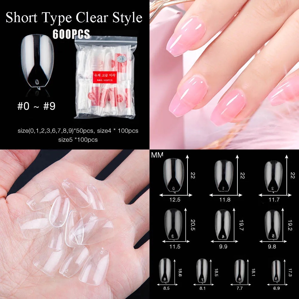 short clear 600pcs 600/500/100 шт белый прозрачный французский Ложные акриловый Фрезер для ногтей cо шлифовальными советы полный/половина крышка советы гроб накладные ногти УФ гель-Маникюр накладные ногти советы - Цвет: short clear 600pcs