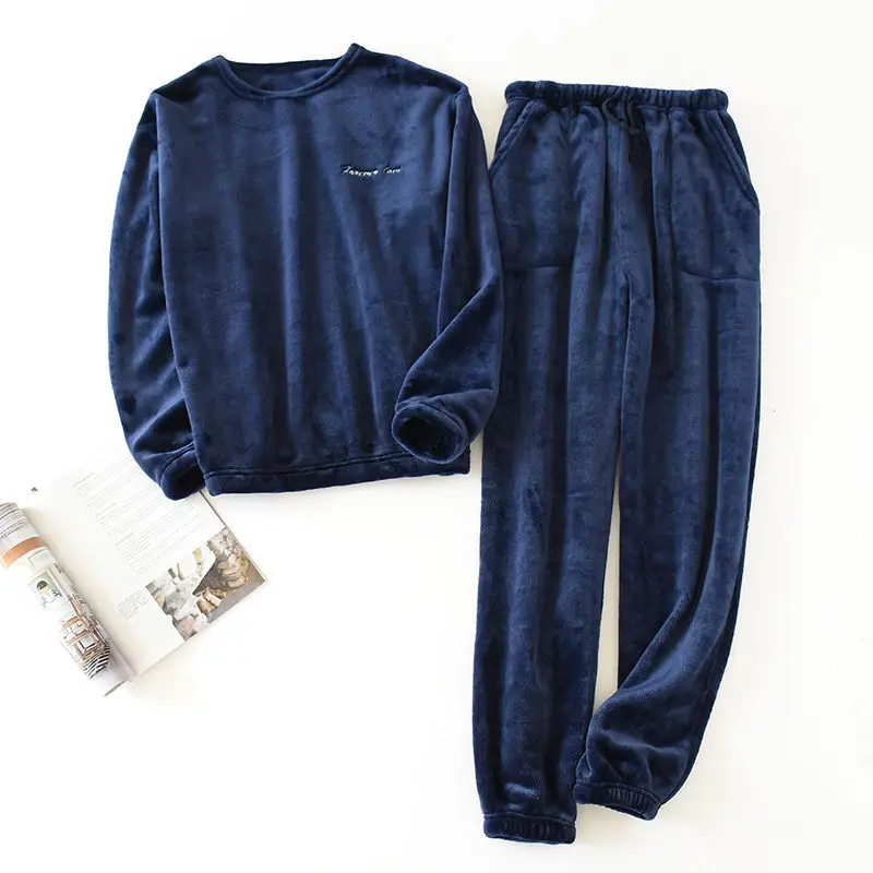 Men's Autumn And Winter New Pajamas Long-sleeved Trousers Flannel Warm Suit Plus Velvet Thickened Two-piece Home Service Men man pajamas set,flannel pajamas set