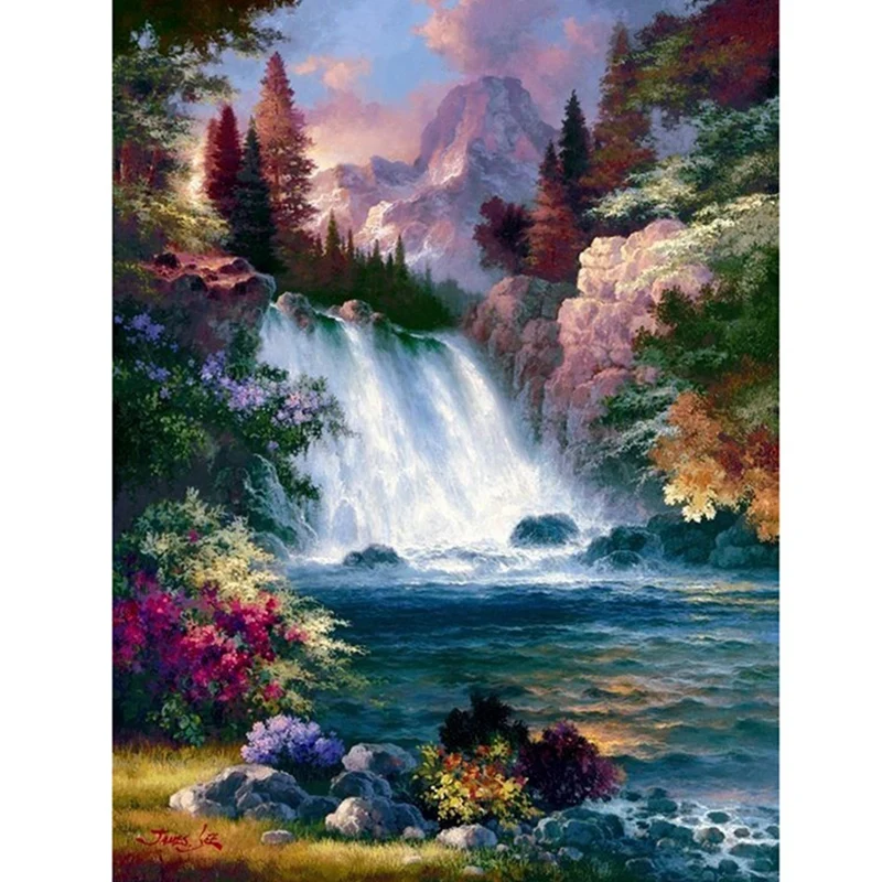 

HLZS-3D Nature Scenery Bead Embroidery Full Diamond Painting Waterfall Forest 5D Cross Stitch Rhinestone Image