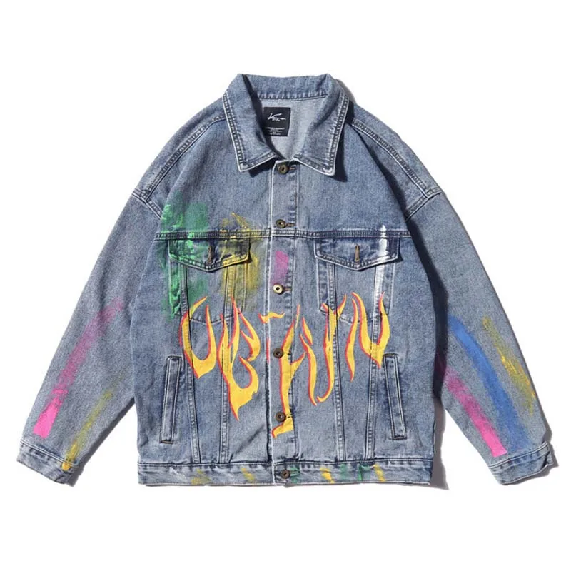 

KIOVNO Men Fashion High Street Denim Jackets Hand Painted Casual Jeans Jackets Outwear For Male Brand Designer 2019