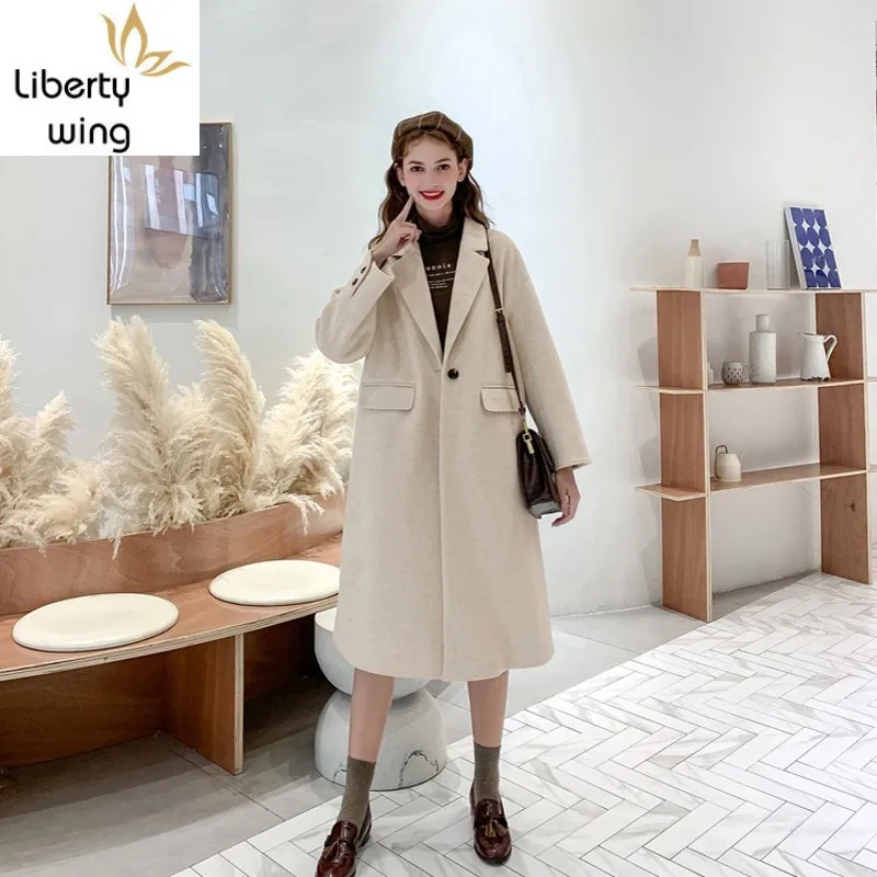 

Casual Straight Loose Fit Womens Medium Length Woolen Overcoats Long Sleeve Single Button Big Size Female Autumn Winter Coats