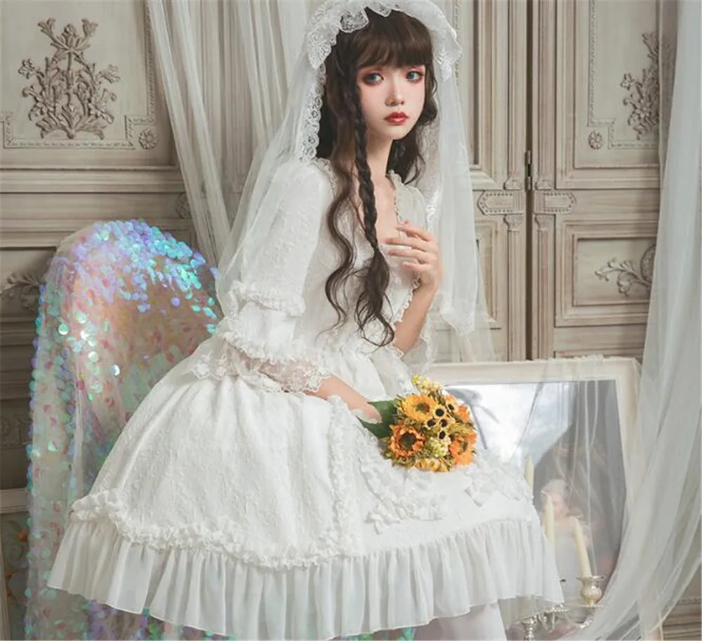 Великолепное белое свадебное платье половина рукав колокол вечернее платье Лолита B338