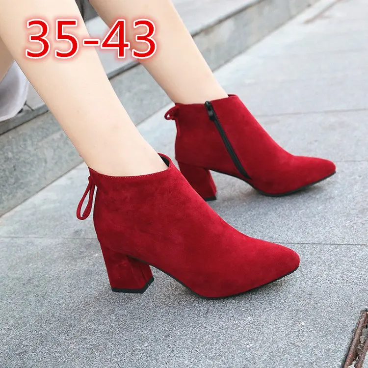 New Womens Short Boots Female Pointed Toe Thick Heel High Heel Ankle Boots Flock Zipper Single Boots Autumn Size 34-42