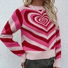 

Autumn Winter Knitted Love Heart Sweater Women Casual Patchwork Striped Pullovers Sweaters Loose Warm Jumper Streetwear Knitwear