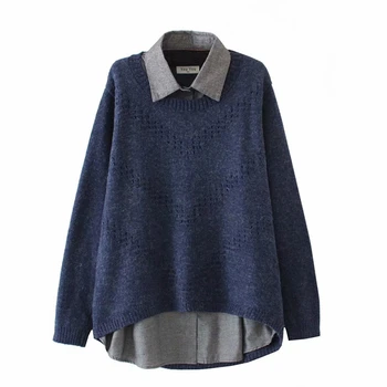 

Casual Faux Two Piece Sweaters Women Autumn Loose Plus Size Turn Down Collar Pullovers Knitwear Hollow Out Sweater YY9553