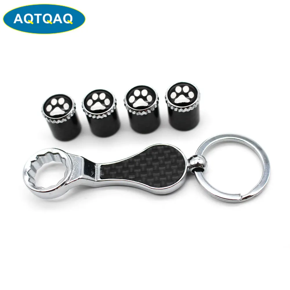 BLACK ALLOY CAR WHEEL TYRE VALVE DUST CAPS COVERS SPANNER KEYRING SET OF 4