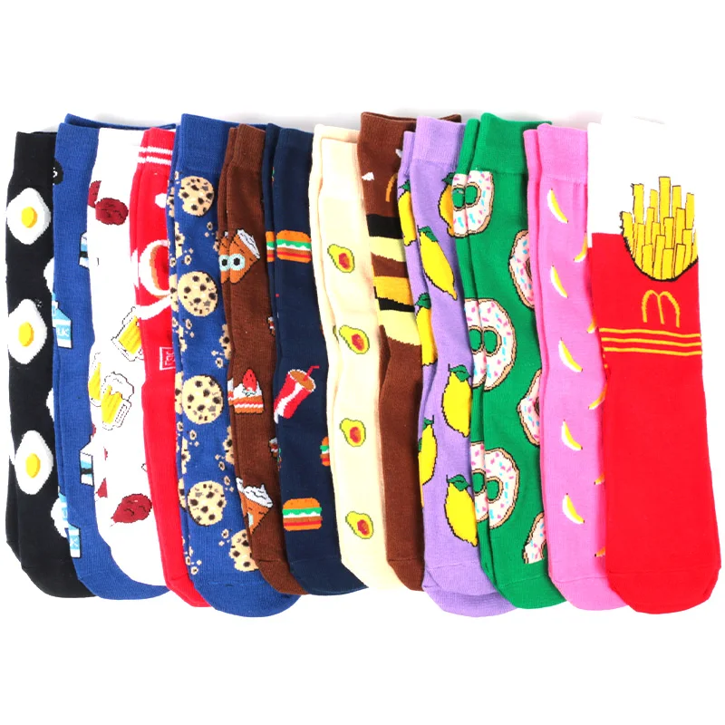 Забавные милые носки с героями мультфильмов; Разноцветные носки для скейтборда с фруктами, бананами, авокадо, лимоном, яйцом, печеньем, пончиками, фри, едой