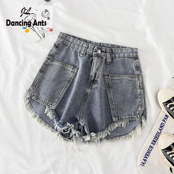 

Woman Shorts A-line Wide-leg High Waist Jeans Short 2020 Fashion Vintage Solid Tassel Pockets Loose Casual Female Denim Shorts