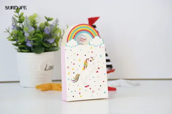 

50pcs unicorn patterns paper box candy boxes gift bags with rainbow handles for children birthday cookie unicorn party decor