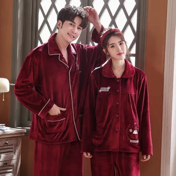 

Burgundy Flannel Couples Pajamas Set Casual Bathrobe Sleepwear Winter Thick Coral Fleece Nightwear 2PCS Shirt&pant Home Clothes