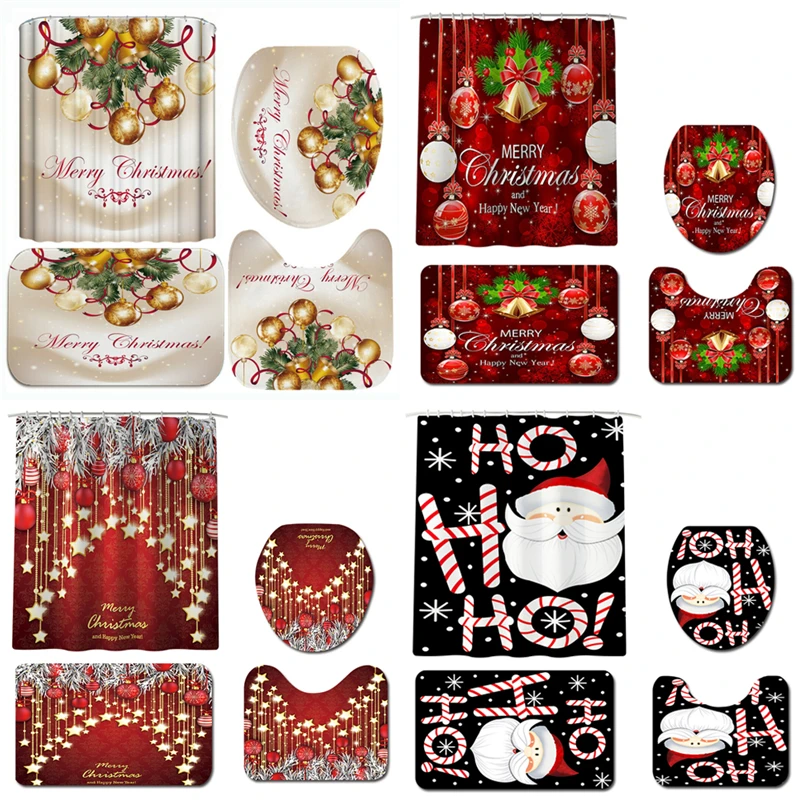 4Pcs Bathroom Accessaries Set Christmas Decor Shower Curtain Toilet Seat Cover Flannel Mat Product Home | Дом и сад