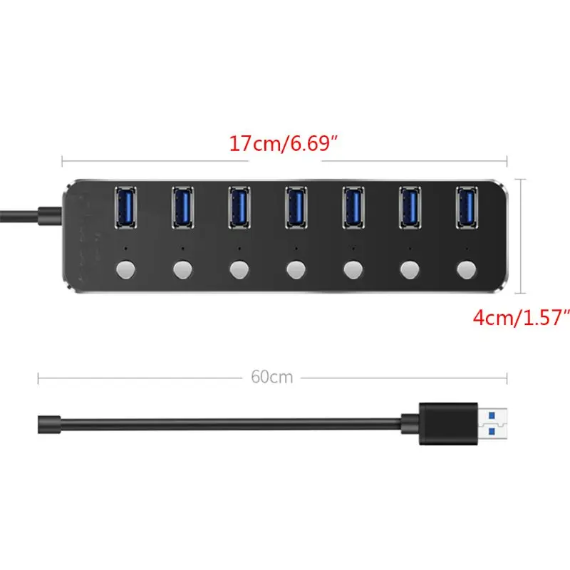Алюминиевый USB 3,0 концентратор 7 портов USB удлинитель разветвитель с индивидуальным переключателем ВКЛ/ВЫКЛ