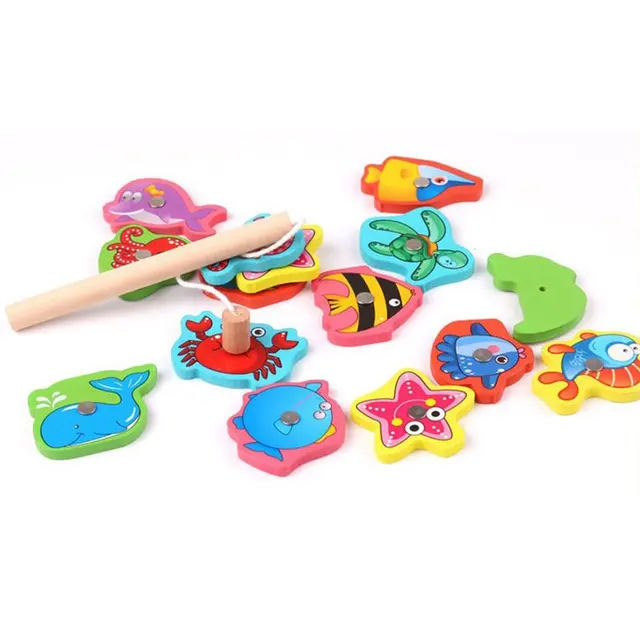 Magnetic Wooden Baby Fishing Toy Kids Home Simulation Ocean Intellectual Fish Game Toy 2