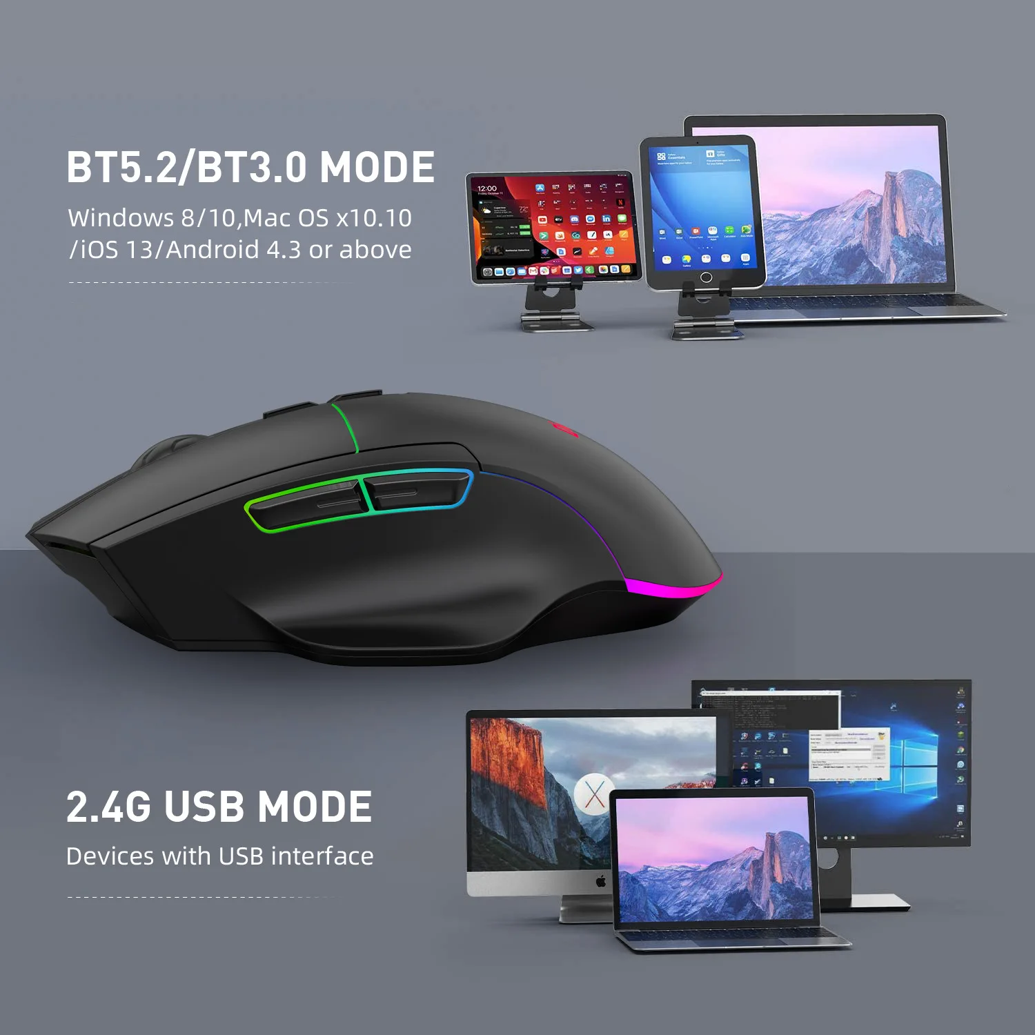 silent wireless mouse Bluetooth Mouse X11 1600dpi 7 Buttons Rgb Lighting Ergonomic Programmable Gaming Mouse For PC Gaming 2.4G wireless mouse USB wireless mouse with usb c