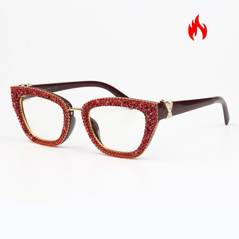 Винтажные женские очки "кошачий глаз", роскошные дизайнерские модные гравия, стразы, очки для девушек, оправы, женские очки, простые очки - Цвет оправы: red