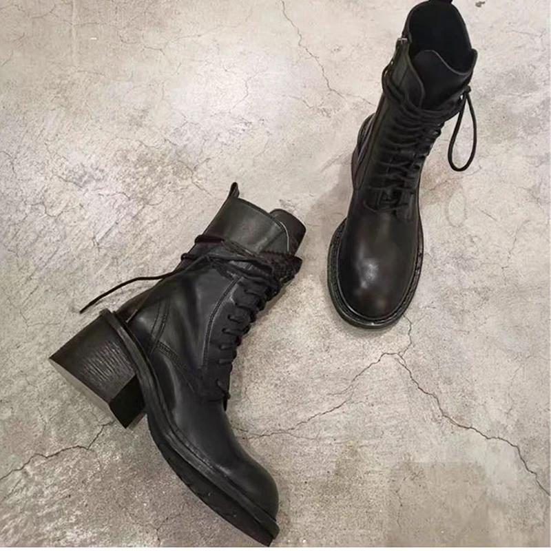 Runway Motorcycle boots Woman Chunky Heels Genuine Leather Ankle Boots Women Fashion Women's Round Toe Punk Boots