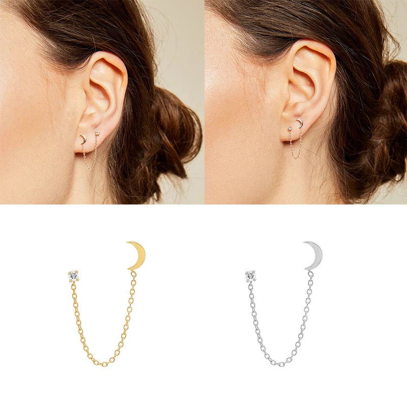 Real 100% 925 Sterling Silver Rainbow Moon Star Hoop Earrings for Women Crystal Zircon Chain Earring Gold Silver Ear Jewelry A30