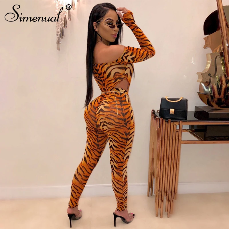 Ceny Simenual Leopard Fitness moda pasujący zestaw kobiet Sexy Hot Off ramię Bodycon 2 sztuka stroje z długim rękawem body i spodnie