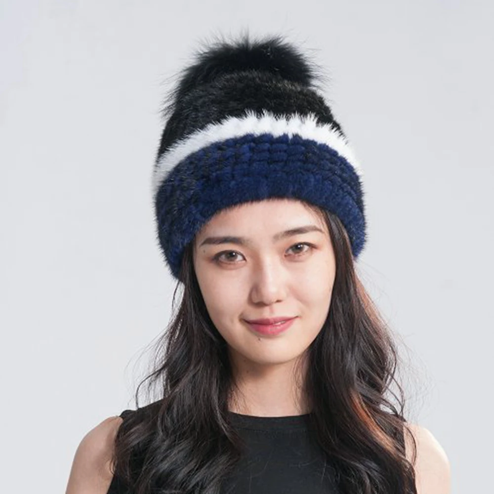 Women's Knitted Mink Hat New Fashion Raccoon Fur Ball Women Winter Headgear Cap Ski cap