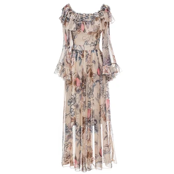 

YOSIMI Print Long Women Dress 2020 Summer Slash Neck Off The Shoulder Full Sleeve Large Size S-XXXL Maxi Party Dress Elegant