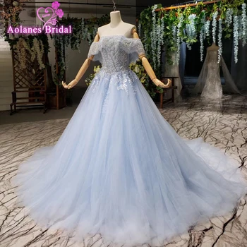 

Elegant Prom Dresses 2020 Light Blue Tulle Women Formal Party Dresses Lace Appliqued Long Evening Dresses